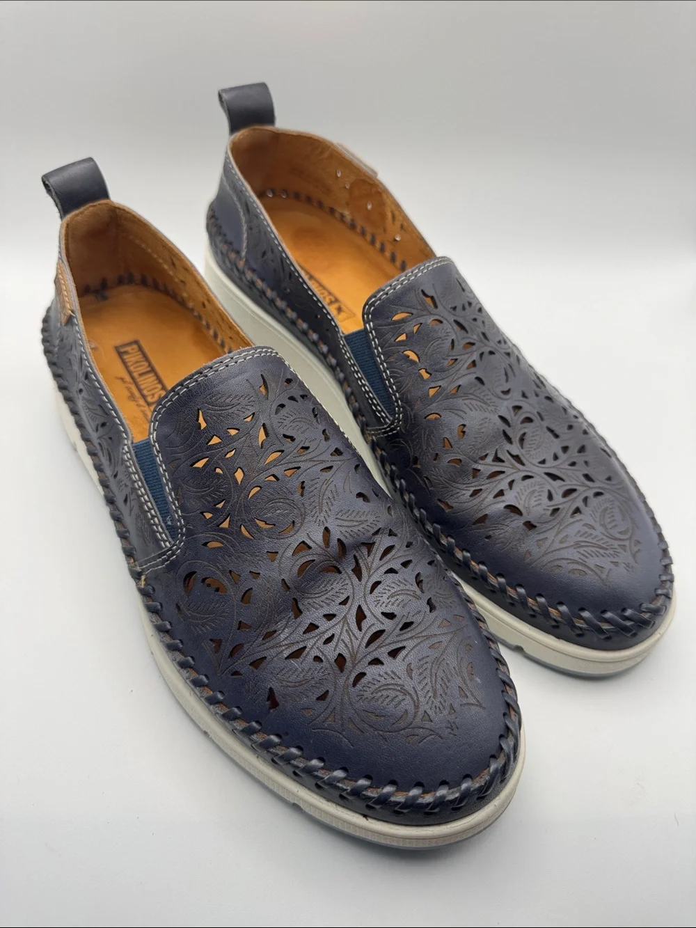 Pikolinos Navy Laser Cut Leather Slip On Loafers Shoes EU 38 US 7.5
